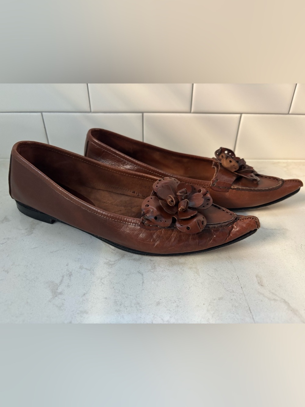 Daniele Lepori Italian Brown Leather Pointed-Toe Flats 38